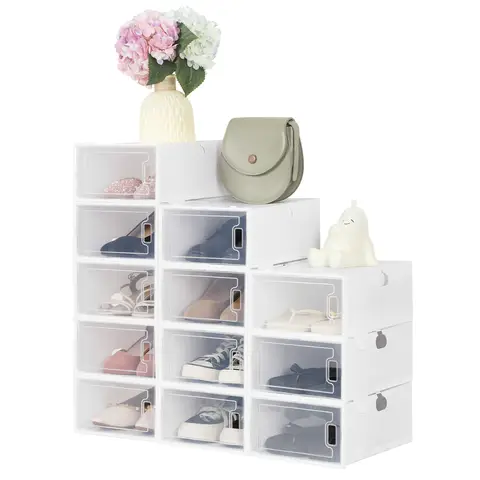 12 pcs Shoes Box Foldable Transparent Sneaker Shoe Storage Organizers Box Stackable Dustproof High-top Cabinet Shoe Rack Shelf
