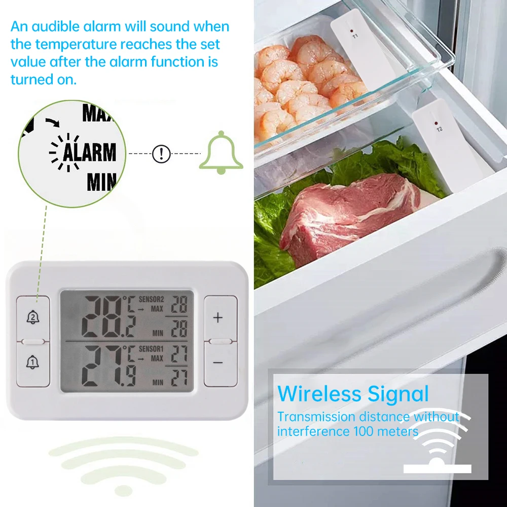 Fridge Thermometer Freezer LCD Digital Audible Alarm Refrigerator Meter with 2 Temperature Sensor Min/Max Display Indoor Outdoor