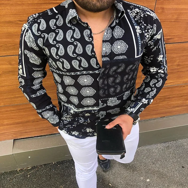 Summer Mens Button Down Cuban Collar Long Shirt Royal MaleTops Casual Fashion Slim Fit Soft Smooth Fashion Luxury Party Shirt