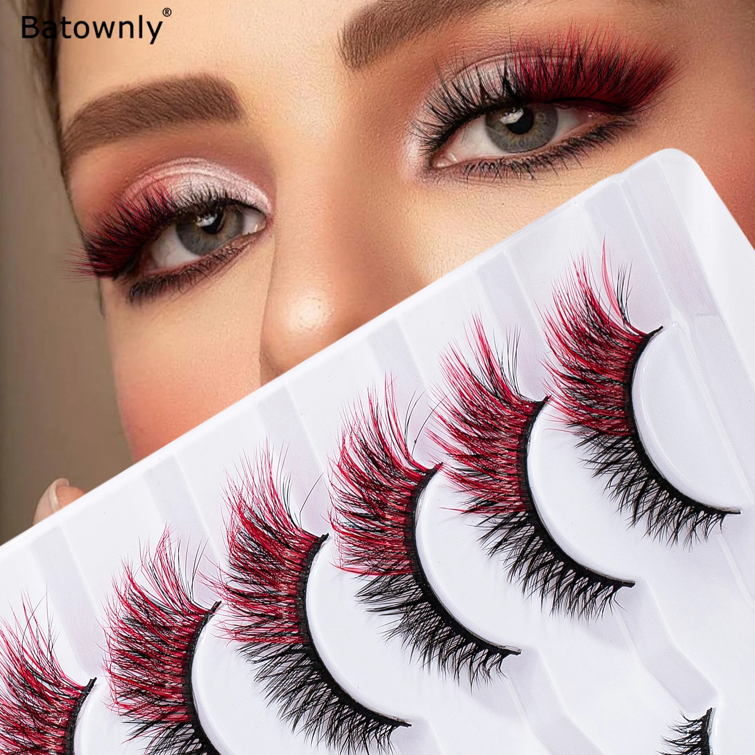 7 paia di occhielli rossi di colore misto con ciglia finte color croce allungate da 12 mm, un must per Natale/Halloween