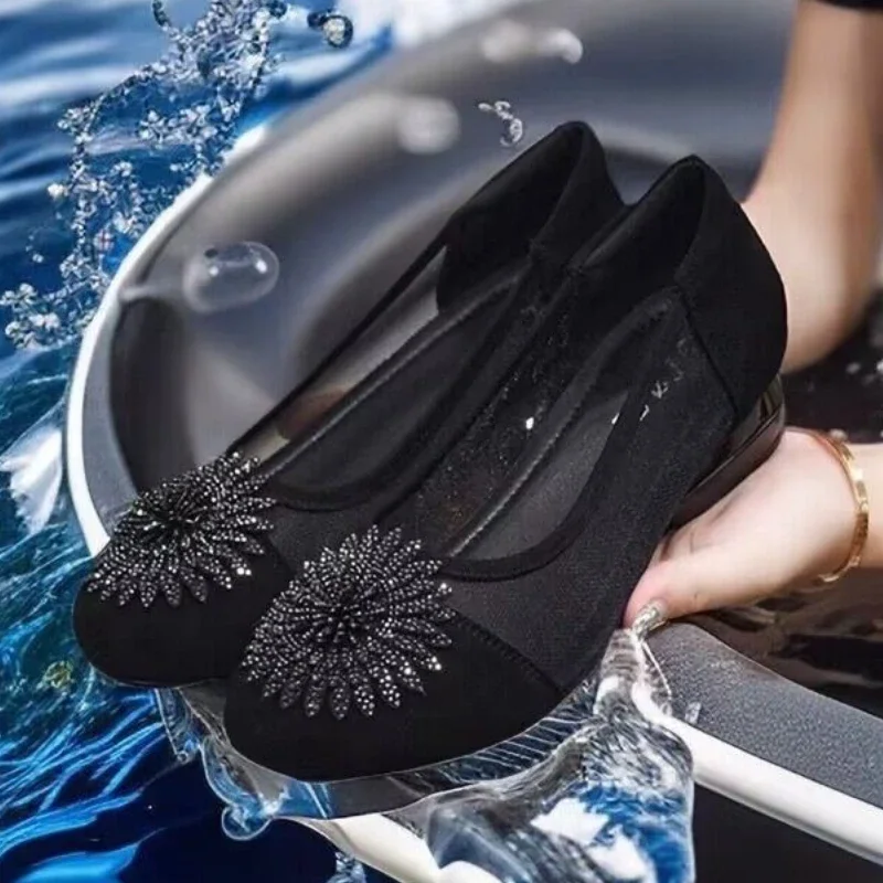 Summer Rhinestone Mum Shoes Ladies Korean Style New Round Head Breathable Flats Women's Slip on Loafers Sapatilha Feminina