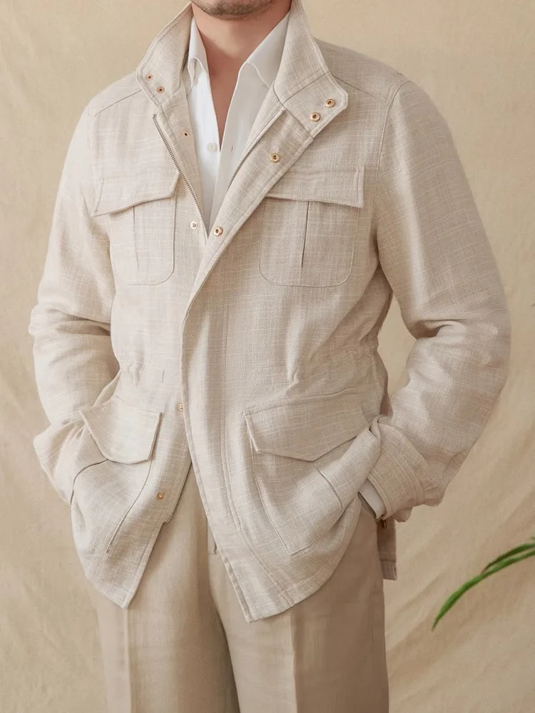 

Men's Cotton Linen M65 Jacket - Stand Collar Cinched Waist Lightweight Retro Hunting Coat Spring Summer