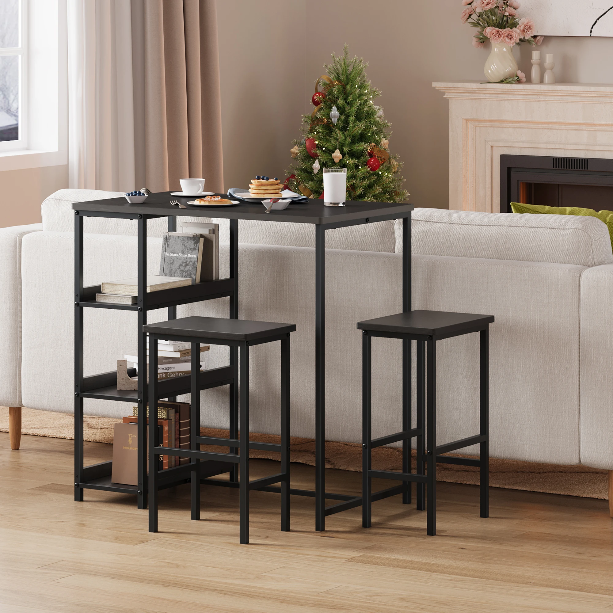 Set da bar composto da tavolo e due sgabelli, con vano contenitore, design 1+2, 1 tavolo e 2 sgabelli, set da bar ad altezza consolle, ideale per la cucina, la zona colazione o per piccoli spazi.