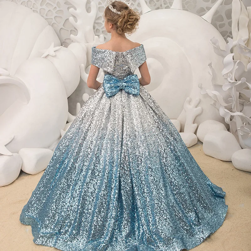 Custom Luxury Flower Girl Dress Wedding Gown Birthday Party Pageant Catwalk Off Shoulder Gradient Sequin Big Bow Long Train Gown