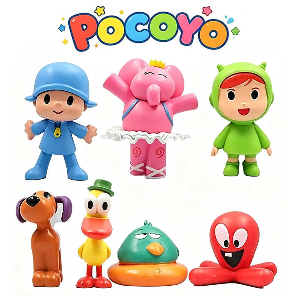 2026 Mini 7-teiliges Set Kawaii Pocoyo Tierfiguren Vogel Ente Elefant Puppe Spielzeugmodell Szenen-Ornamente Anime Cartoon Niedliche PVC-Figuren