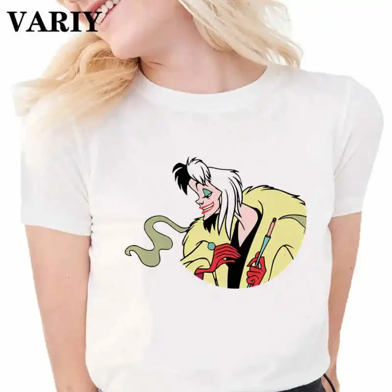 Women Gothic Tops Cruella De Vil T-Shirt Fashion Lady Clothes 101 Dalmatians Graphic Short Sleeved Tees Harajuku Female Tshirt