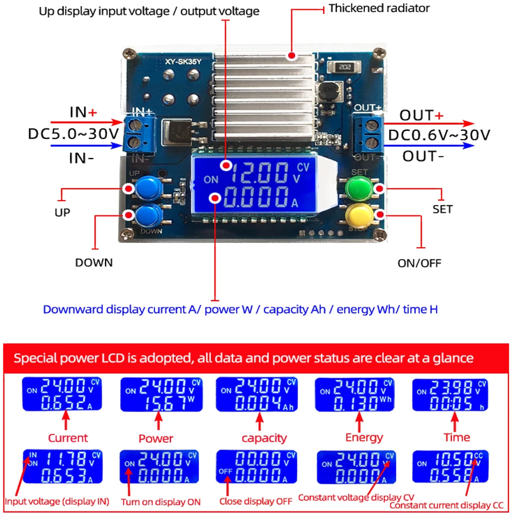 SK35L/SK35Y DC DC Automatic Boost Buck Converter CC CV Power Module 5-30V to 0.6-30V 4A 35W Adjustable Regulated Power Supply