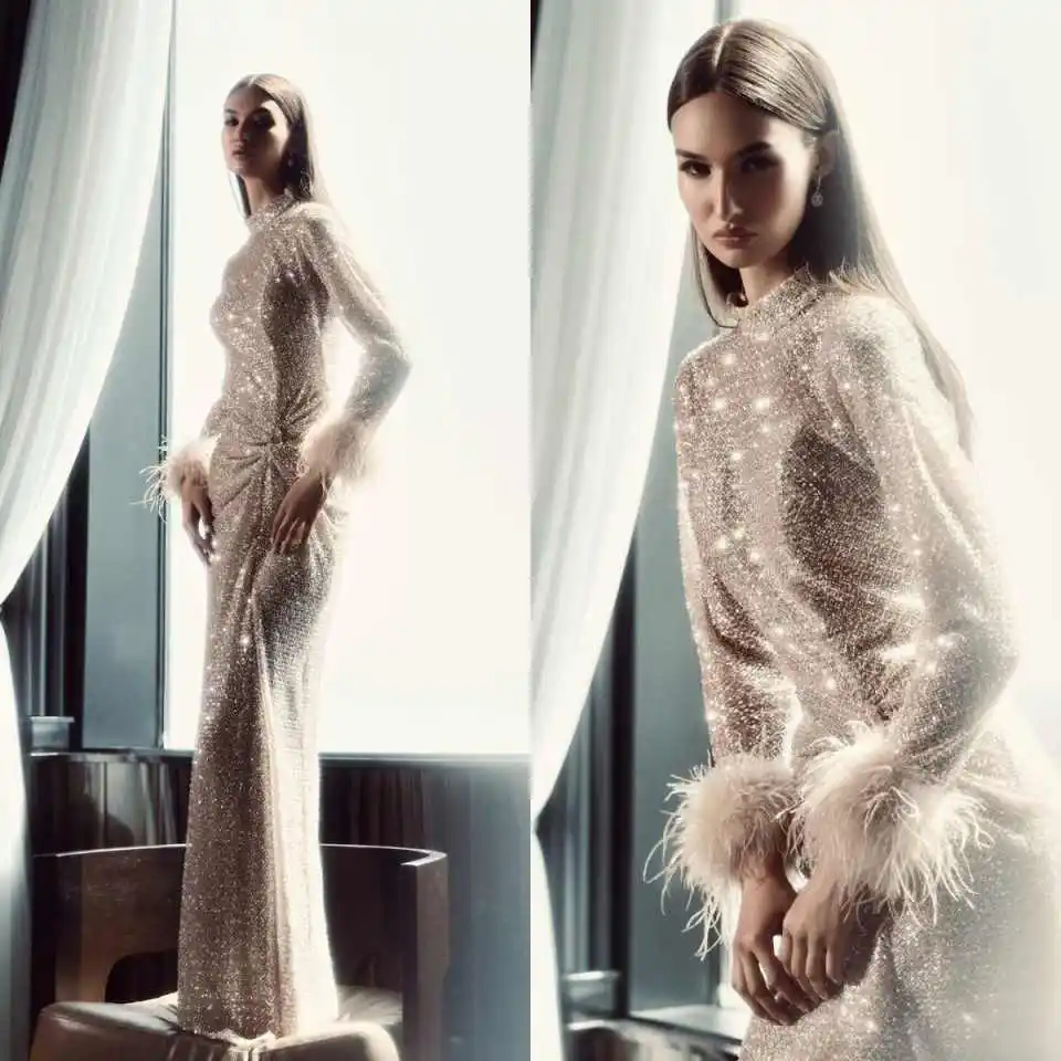 

Dazzling Mermaid Wedding Dress Feather Cuff High-Neck Sequin Bridal Gown for Sophisticated Wedding Celebrations Customized