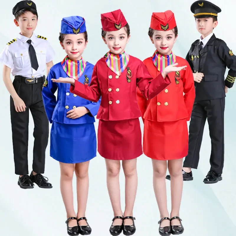 Party Kids Aviation Uniform Cosplay Costume Pilot Stewardess Captain Plane Man and Woman Kid Flight Attendant Cosplay Costume OA