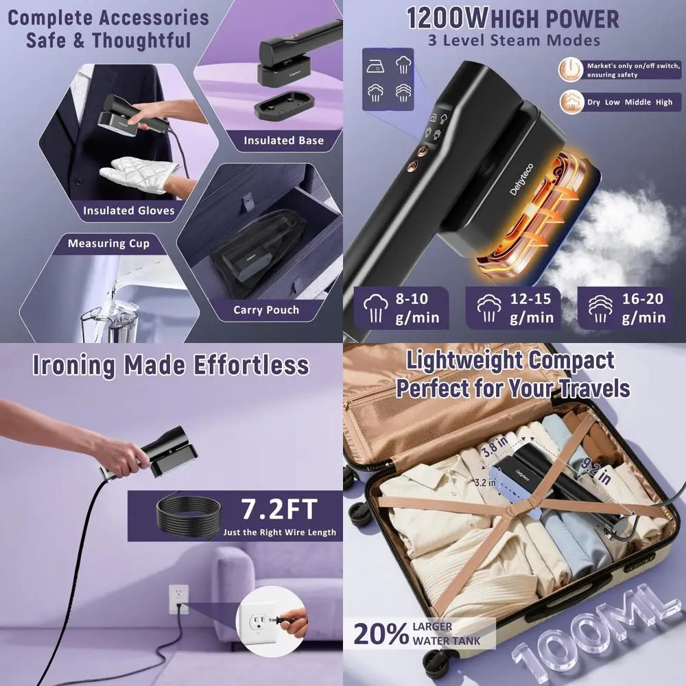 

Портативный ручной отпариватель для одежды 2-в-1 с двойным напряжением, удобный для путешествий, со шнуром 2,2 м и защитным выключателем