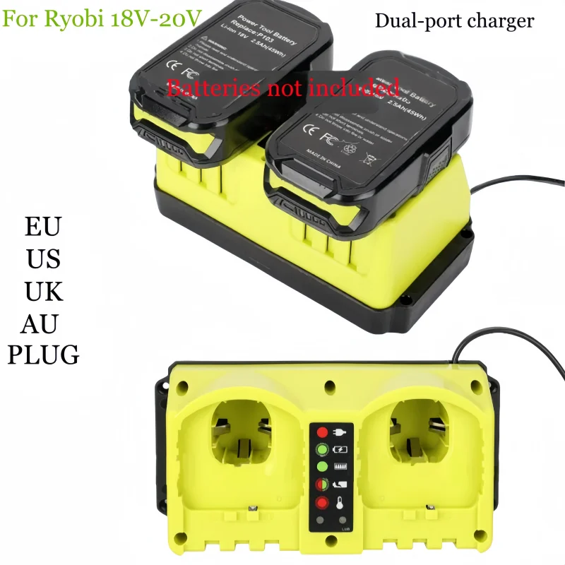 

Популярное портативное двухпортовое зарядное устройство для Ni-Mix аккумуляторов Ryobi 18–20 В, интеллектуальным светодиодным индикатором и быстрой зарядкой мощностью 90 Вт.