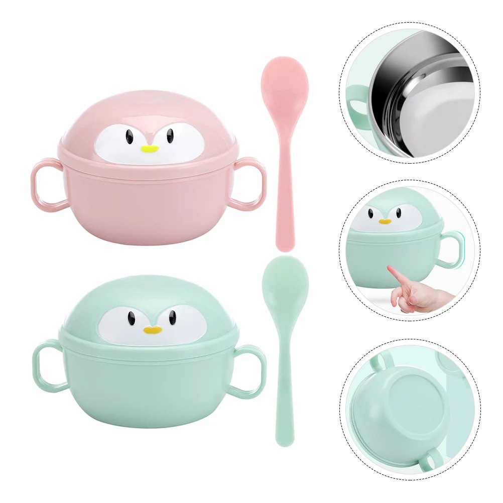 2 Sets Food Supplement Bowl Penguin Shape Children Tableware Flatware Baby Insulation Bowls with Spoons Stainless Steel