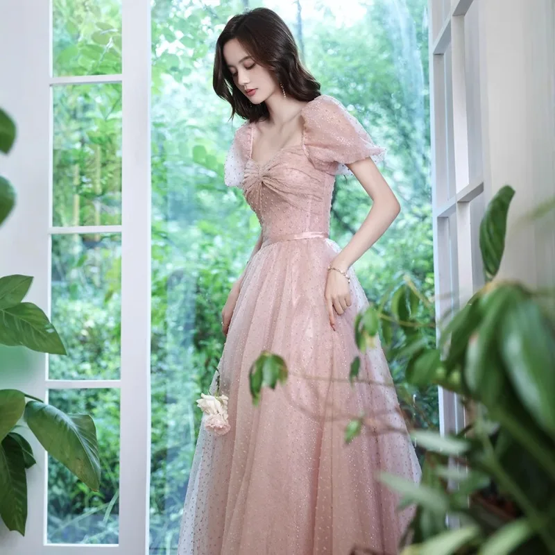 Sukienka wieczorowa damska na bankiet, letnia nowa stylizacja, wróżkowa różowa, na spotkanie roczne, egzamin artystyczny, dla prowadzącej, na pokaz mody, sukienka do występów.