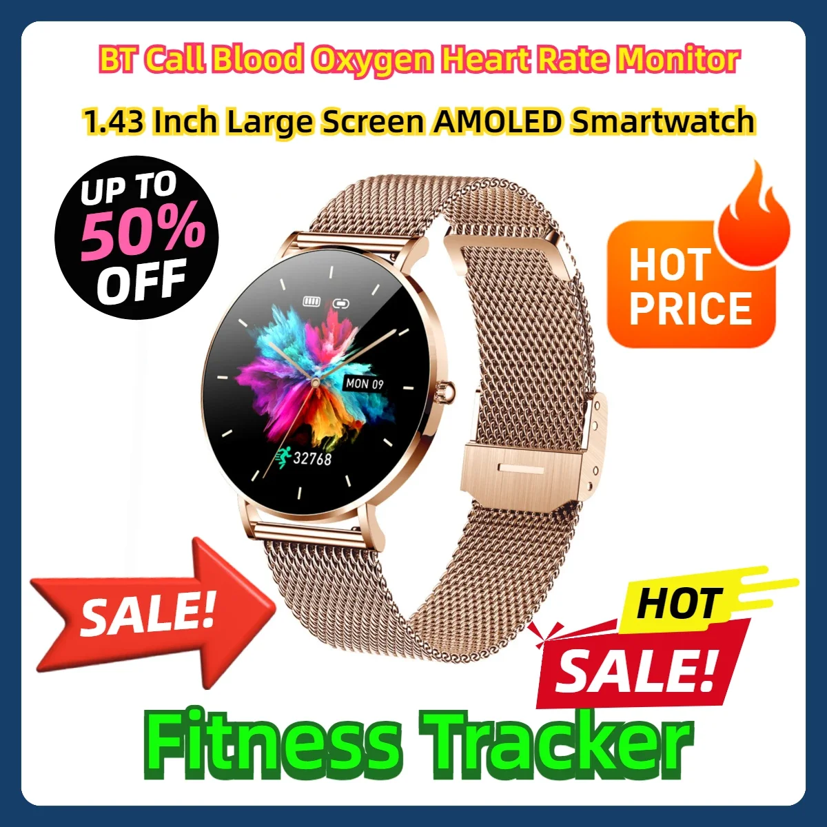 

BT Call Blood Oxygen Heart Rate Monitor Fitness Tracker Smart Watch 1.43 Inch Large Screen AMOLED Smartwatch