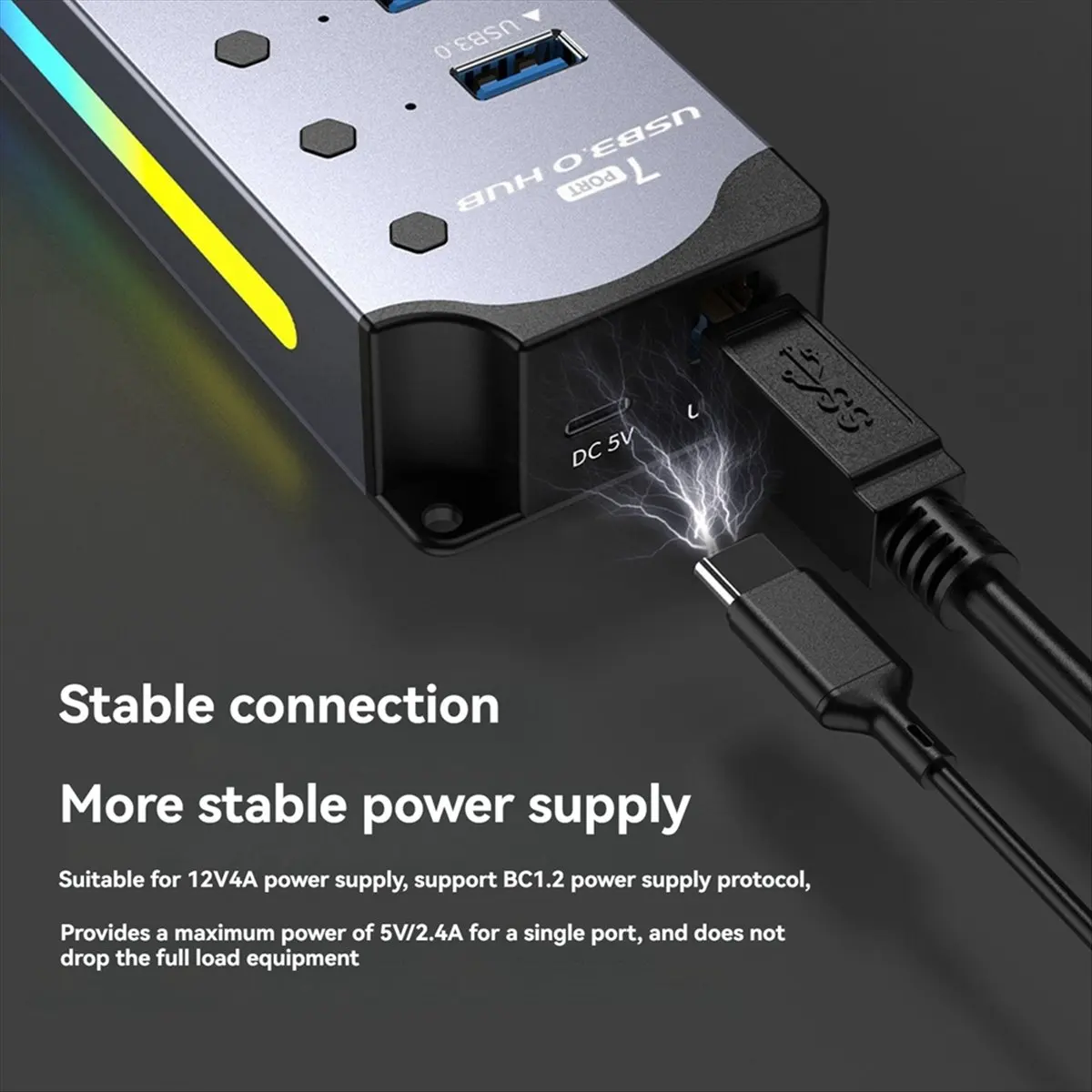 USB 3.0 Hub,7-Port RGB Hub with LED Strip,Dynamic Modes,Switches,Aluminum Case Hub for PC,Laptops EU Plug