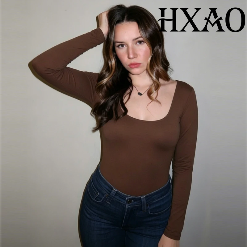 HXAO Schlankheits-Korsett für Damen, brauner Bodysuit, sexy rückenfreier Langarm-Bodycon-Bodysuit, Thong-Bodysuit für Frauen