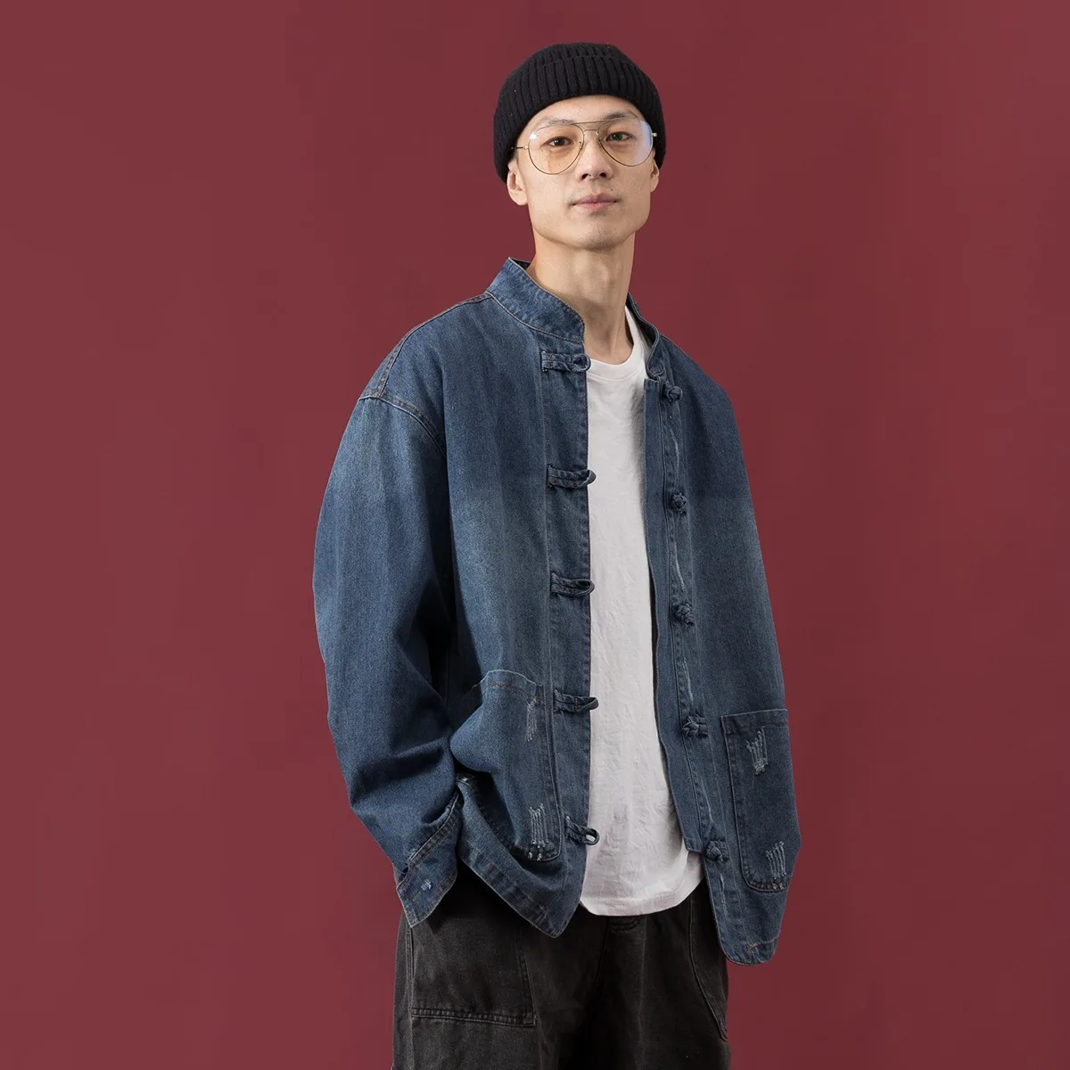 New Chinese Vintage Workwear Denim Jacket, Men's Autumn/winter Loose Casual Multi-pocket Washed Tang Jacket
