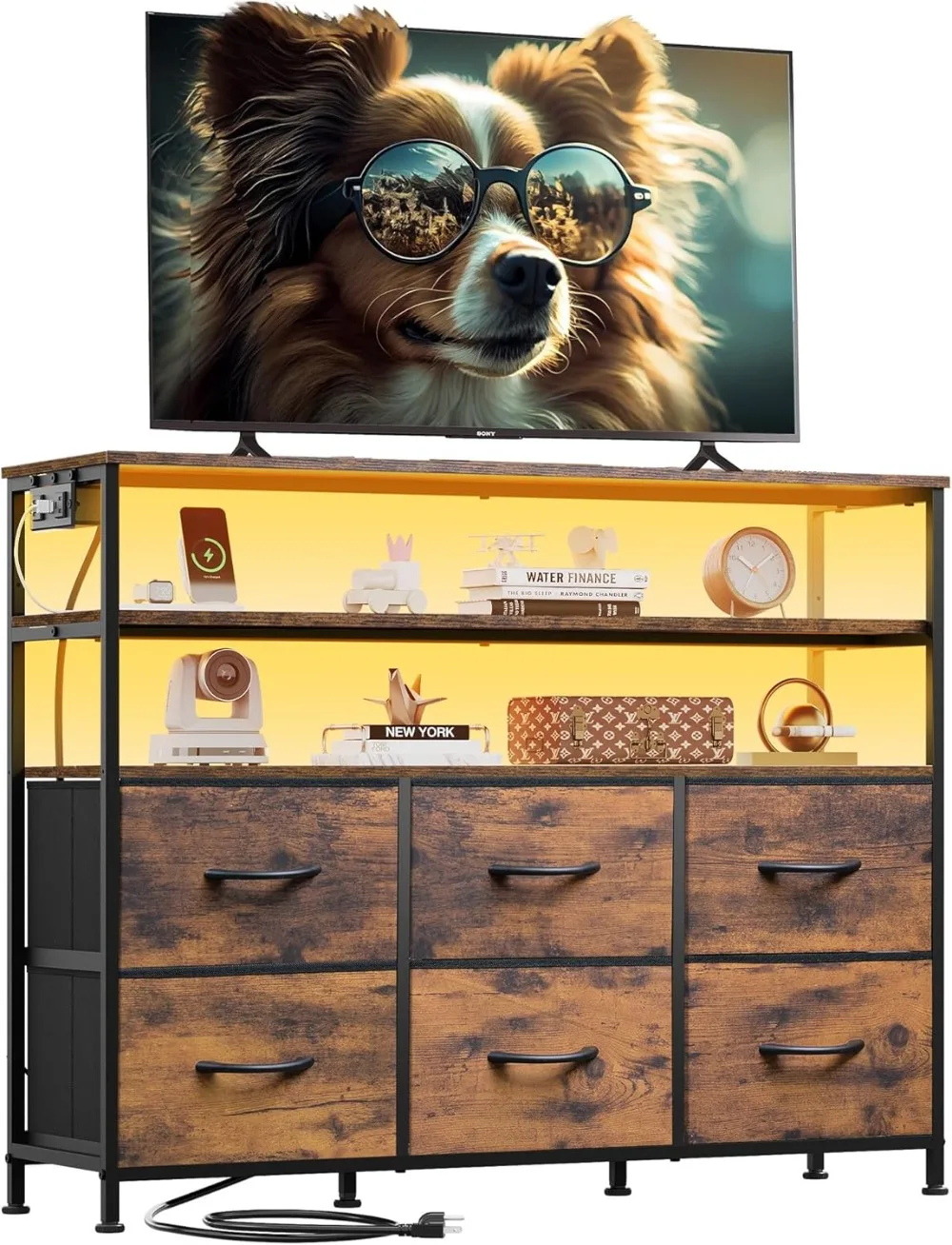 

40-45 Inch TV Stand with LED Lights & Charging Station, 6 Drawers Media Console for Living Room, Rustic Brown