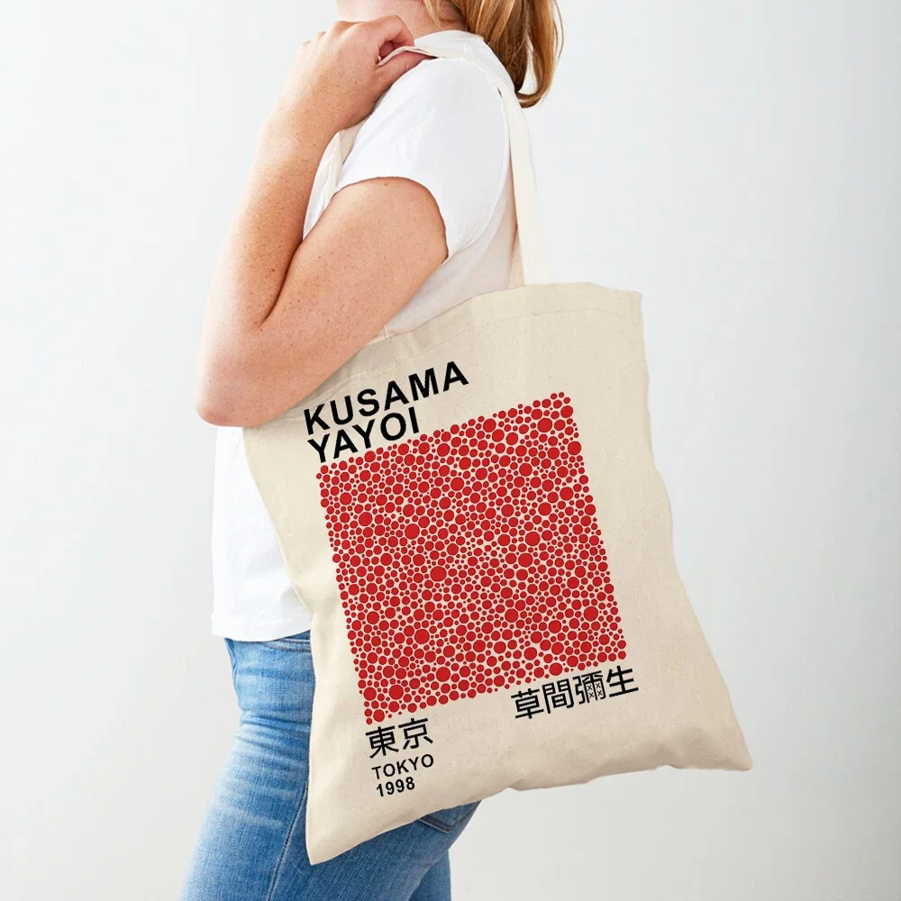 Yayoi Kusama Art Shopping Bags for Women Both Sided Japanese Abstract Casual Shopper Bag Lady Canvas Tote Travel Handbags