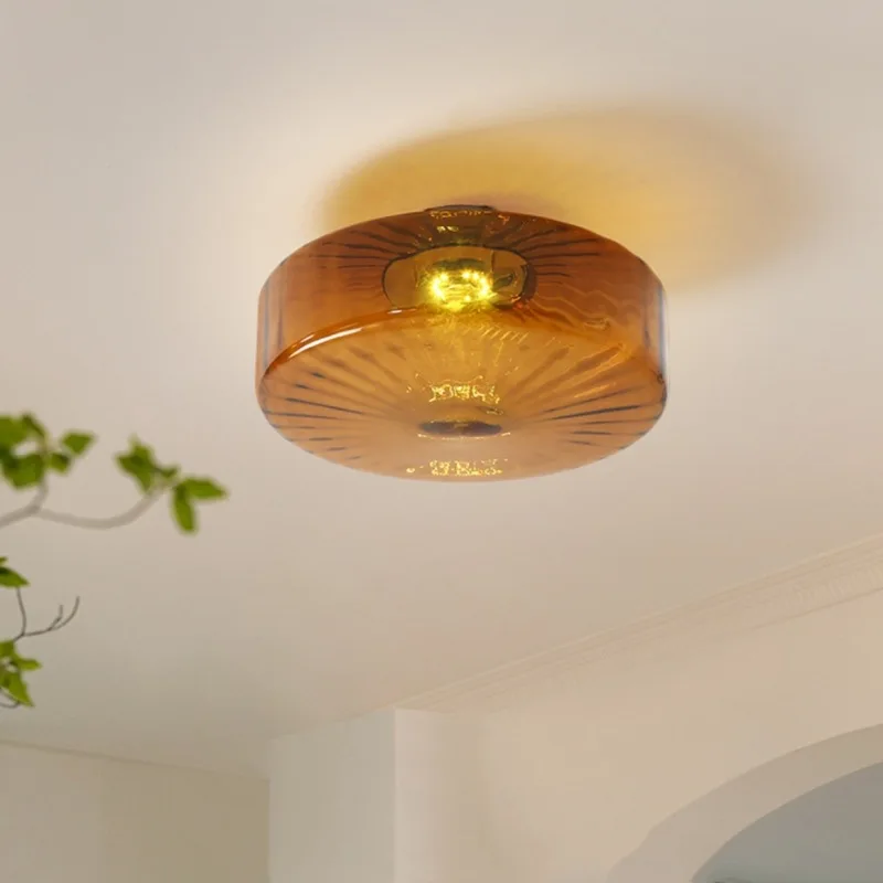 Retro LED Ceiling Light Corrugated Round Glass Light Bedroom Living Room Dining Room Entrance Interior Decoration Furniture