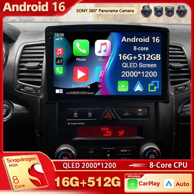 Android 16 For Kia Sorento 2 XM 2009-2012 2K QLED Android Car Radio Multimedia Video Player BT AI Voice CarPlay Head Unit Stereo