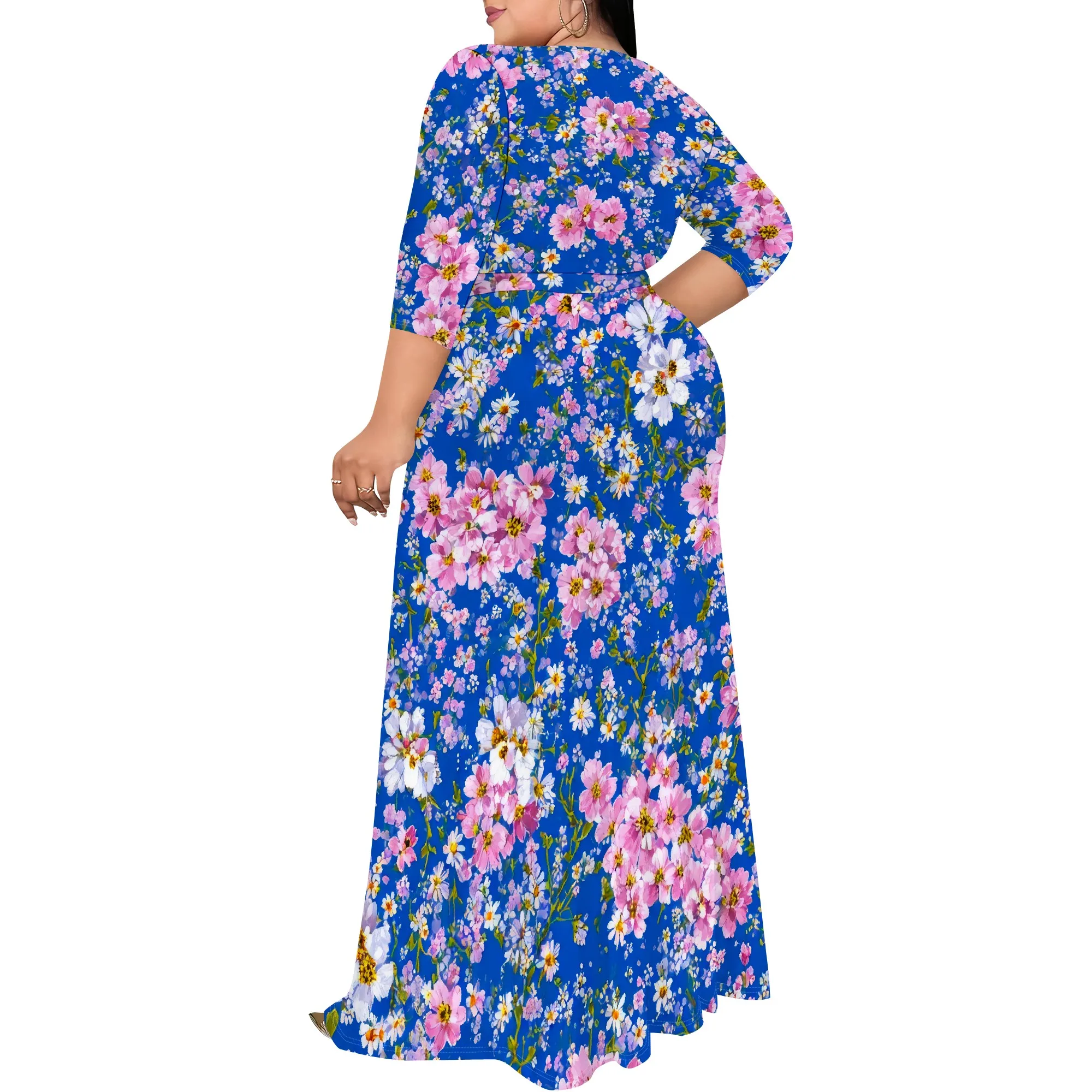 ผู้หญิงเซ็กซี่ V คอชุดเดรสแขนยาว Maxi Party Dresses พร้อมเข็มขัด