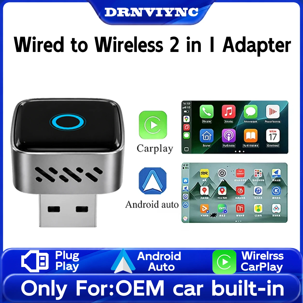 DRNVIYNC 2-in-1 Wireless CarPlay Adapter 2026 Support Apple CarPlay & Android Auto, Mini Bluetooth USB A & USB C Dongle Convert Wired to