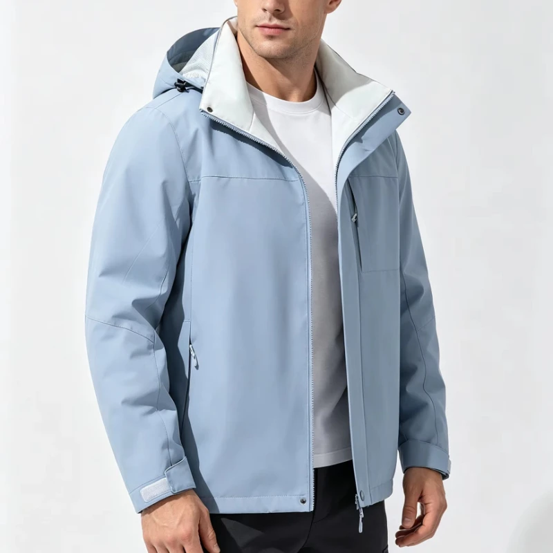 Men's Lightweight Hooded Windbreaker Jacket Full Zip Snap Buttons Multi Pockets Waterproof Hiking Jackets Outdoor Sports Coats
