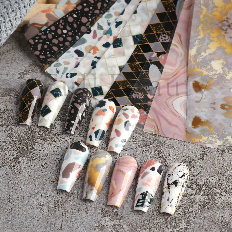 10pcs Marble Foil Nail Sticker Retro Black Gold Color Block Graffiti Spot Geometric Line Slider Manicure Charm Accessory SADXK01