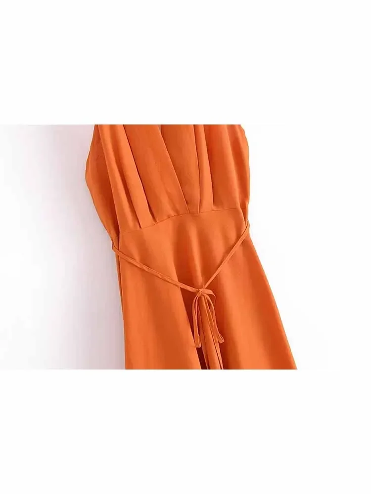 Vestido Midi drapeado con cinturón de cuentas para Mujer, vestido sin mangas con Retro Espalda descubierta, decoración de cuello colgante, novedad de 2024