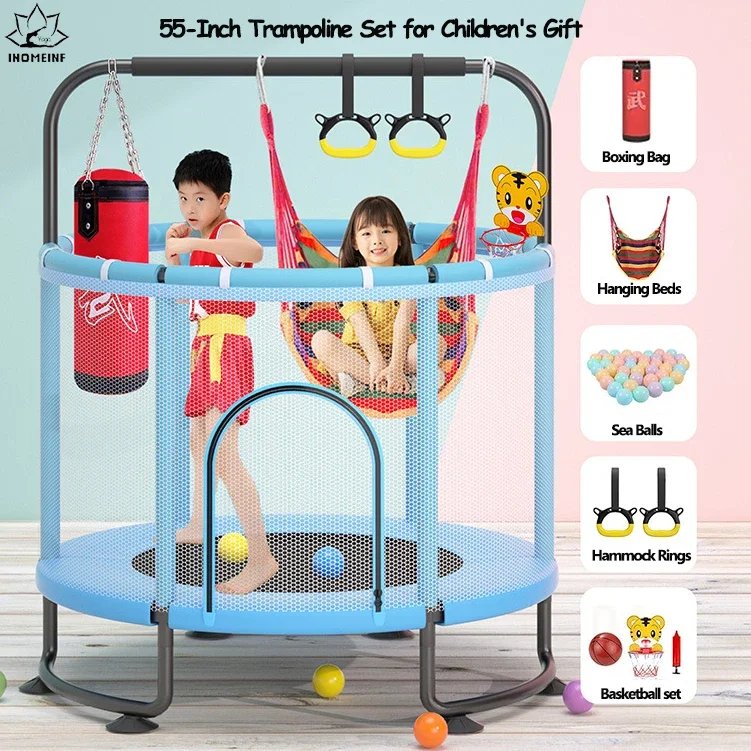 55-Inch Children's Indoor Bouncing Bed Set with Protective Net Cadio Training Gym Trampolines Handrail Bar Lacquer Child's Gift