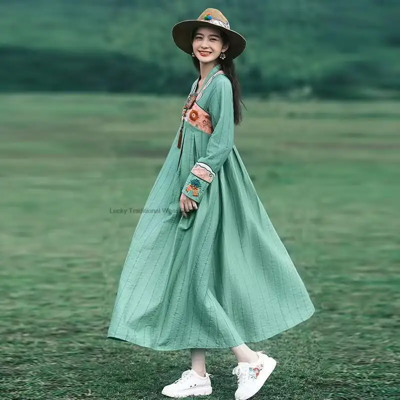 Vestido Vintage Oriental para mujer, vestido tradicional de estilo chino, bordado de flores nacionales Hanfu, vestido de baile folclórico Oriental