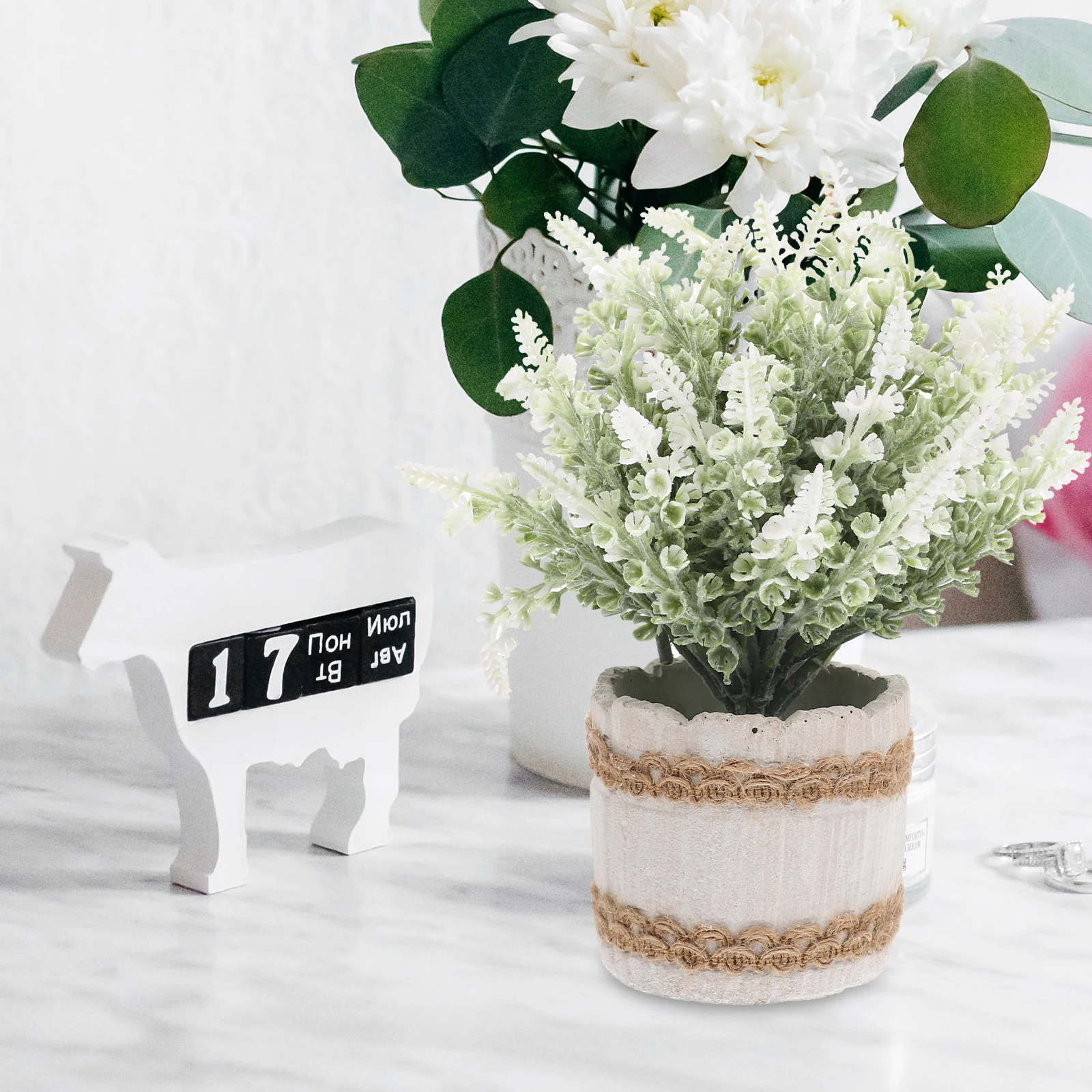 

Artificial Lavender Bonsai White Cement Pot Fake Plant Decor Simulation Green Plants Always No Maintenance Needed
