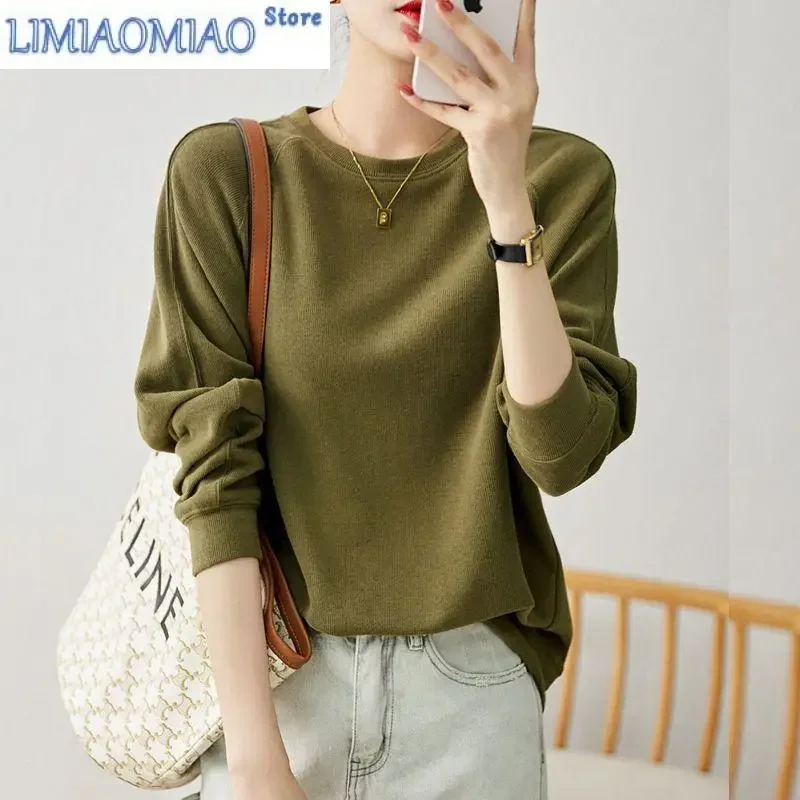 Autumn Fashion Solid Color Loose All-match Sweatshirts Women Bottoming Shirt New Classic Long Sleeve O-collar Lady Top