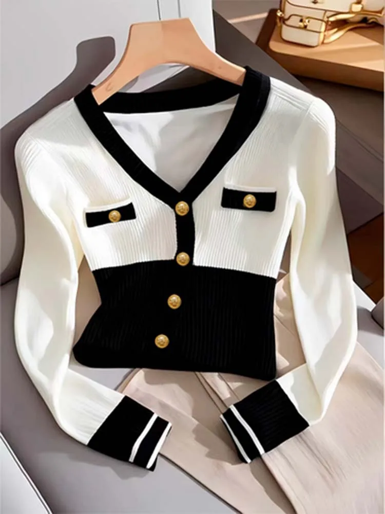 Women's elegant temperament V-neck cardigan, casual, slim, elegant, fashionable and versatile female cardigan.