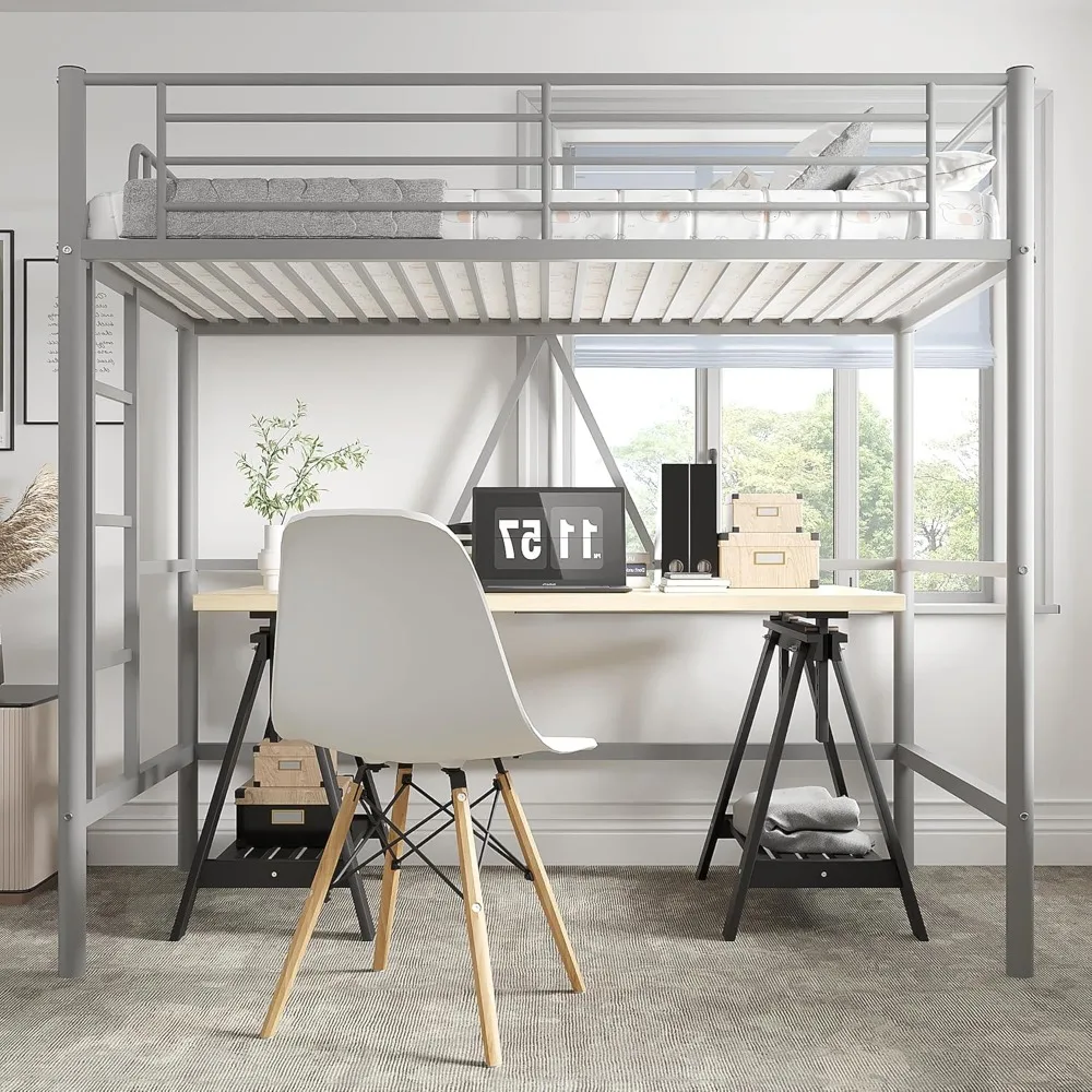 سرير مزدوج علوي مع سلالم، سلم قابل للفصل، حاجز حماية عالي، إطار معدني، موفر للمساحة، تصميم هادئ