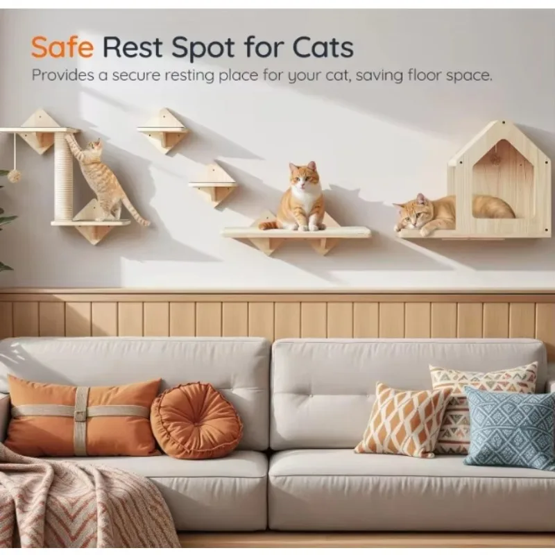 Hot Sale Luxury Modern Wooden Rattan Cat Wall Shelf with 3 Shelves and Climbing Step for Indoor Use
