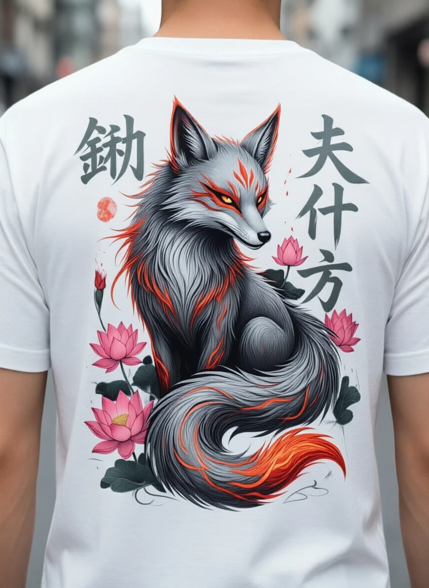 Traditional Japanese Style Fox & Lotus Print T-Shirt 100% Cotton Unisex Short Sleeve Tee