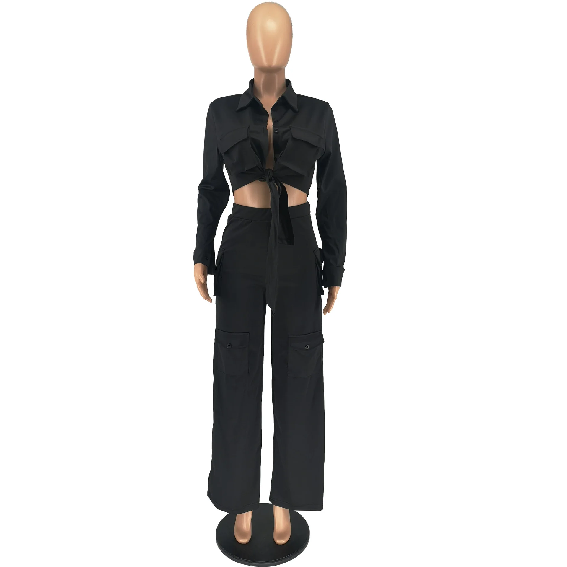 Women's Autumn & Winter Two-Piece Set  Overalls Fashion Solid Color Long-Sleeved Jacket Coat & Multi-Pocket Wide-Leg Pants Suit