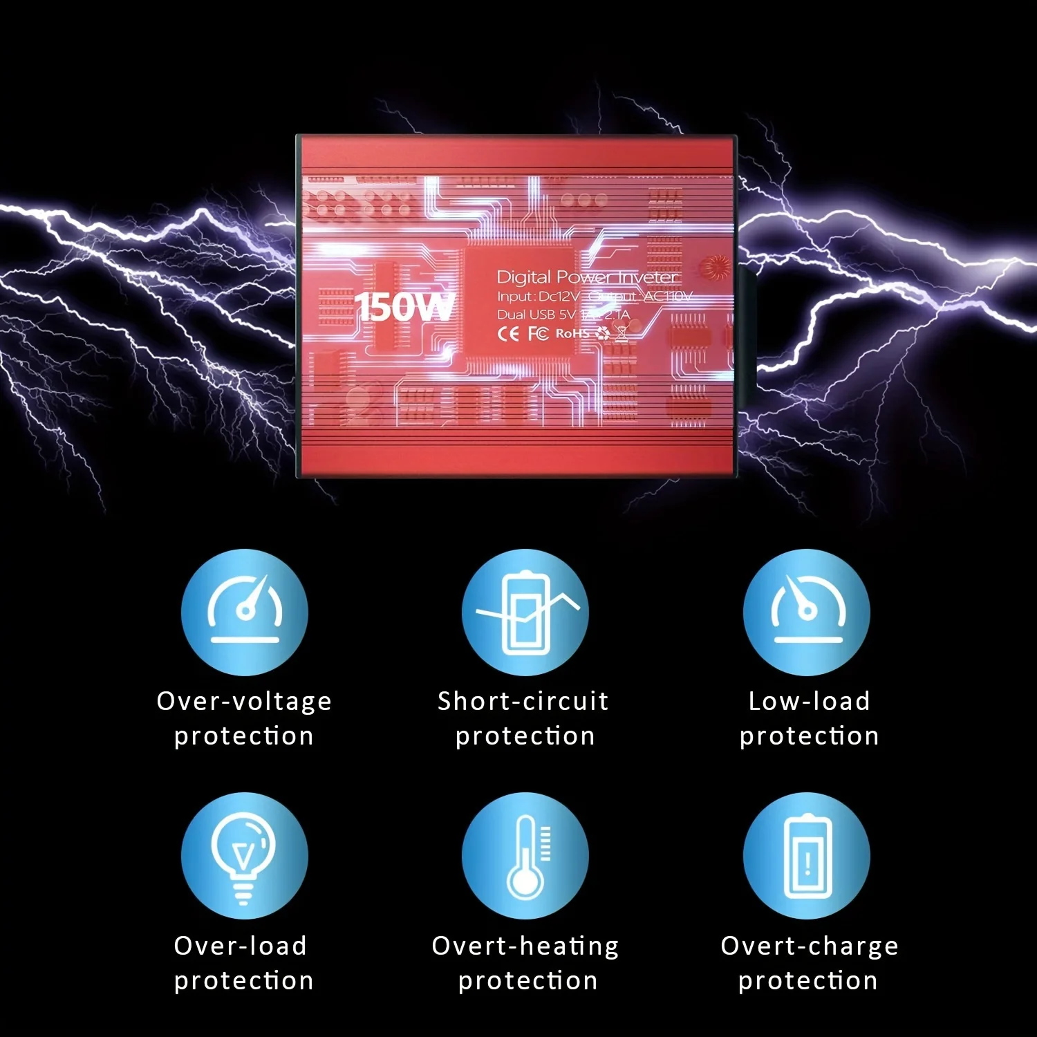 1 inversor de corriente para coche de 150W, convertidor de CA de 12V CC a 110V/220V con puertos USB duales de 3,1A, carga rápida para teléfono, iPad, portátil, Overlo