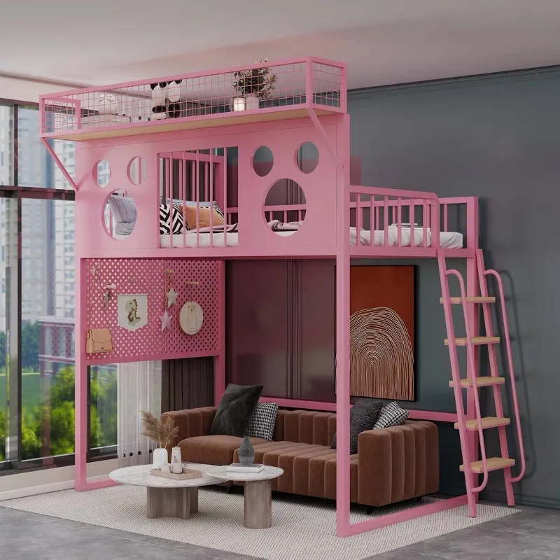 Wrought iron elevated bed sheet upper layer small apartment loft bed on the bed lower table cartoon iron frame