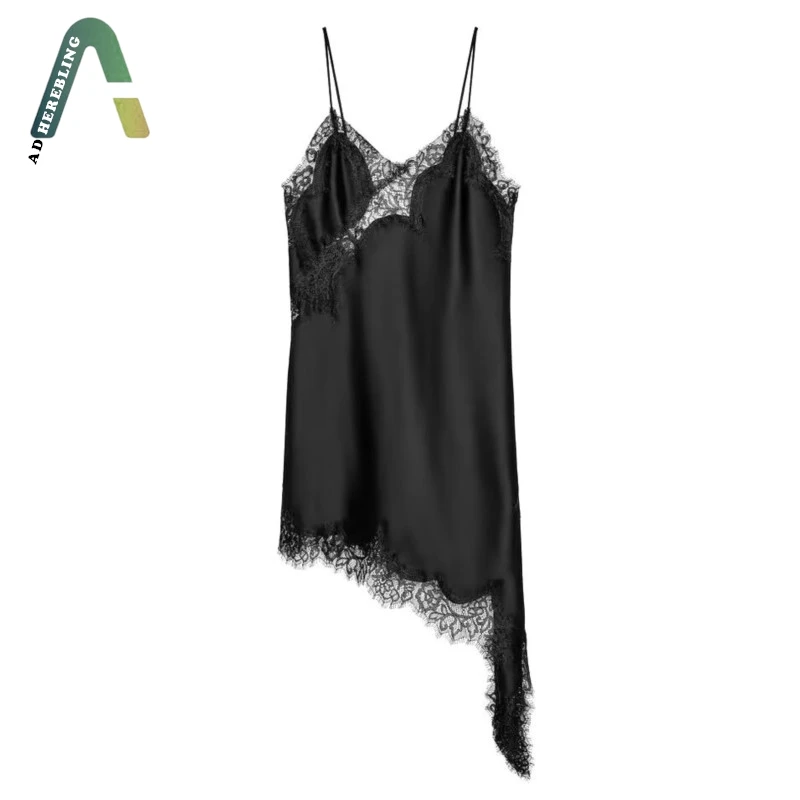 فستان نسائي موضة 2026 من الدانتيل غير المتماثل فستان كاجوال نحيف بياقة على شكل V بدون أكمام فساتين متوسطة الطول باللون الأسود #2