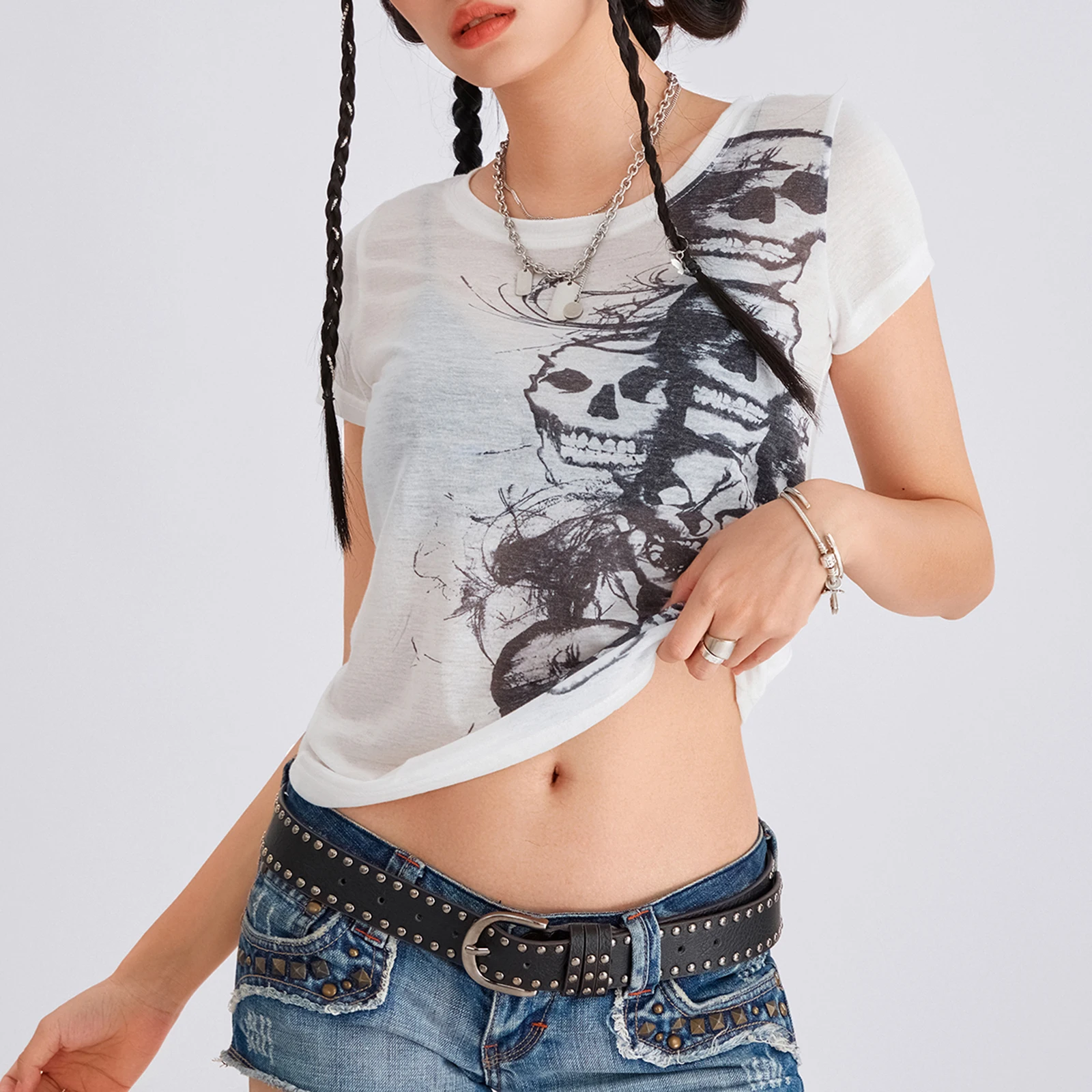 Camisetas Vintage con estampado de calavera para mujer, Tops cortos de manga corta informales de verano, ropa estética Grunge, ropa de calle