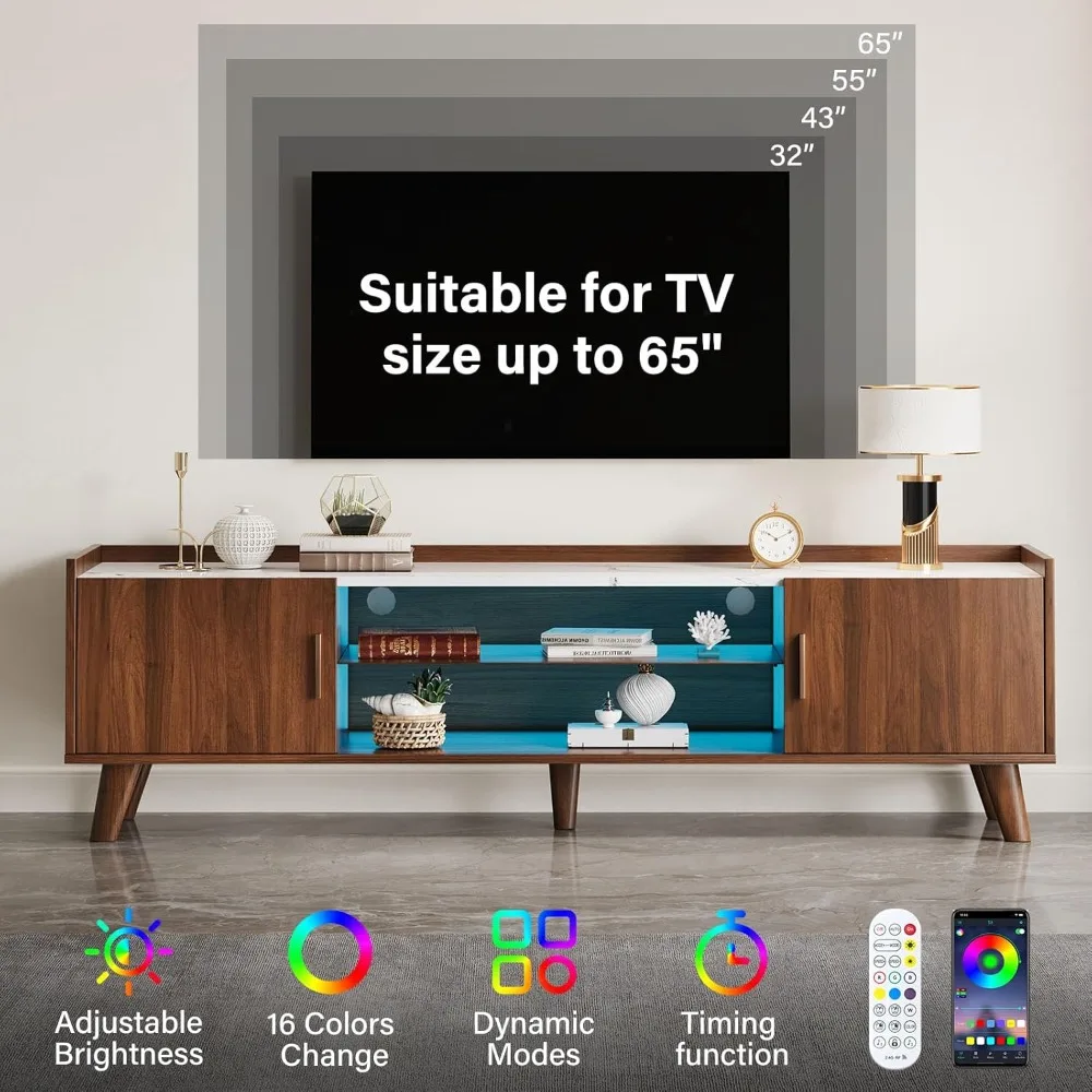 Modern Coffee Table & 65" TV Stand Set of 2, LED Entertainment Center with Power Outlets/Hidden Storage (Walnut Brown Coffee Tab