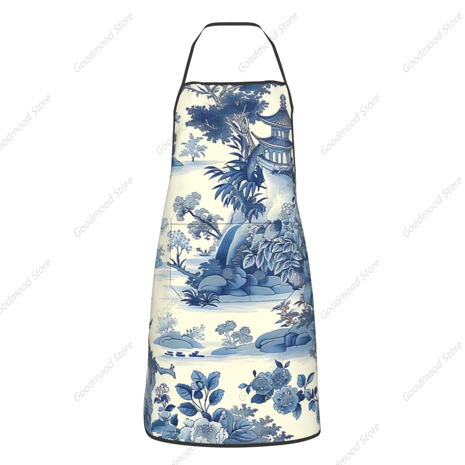 

blue and white porcelain Chinese traditional Asian elegant Apron with Pocket Waterproof Kitchen Bib Chef For BBQ Haircut Baking