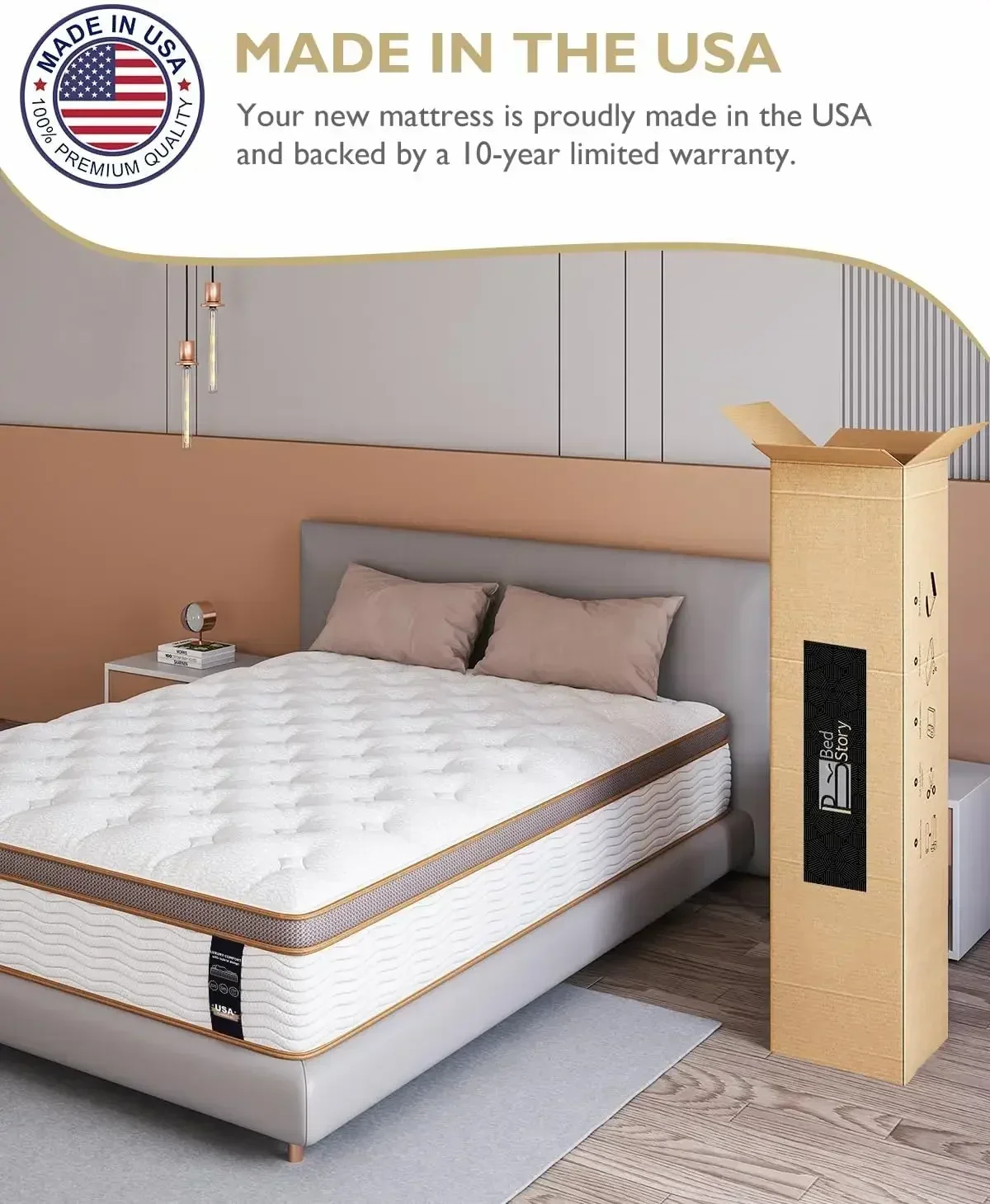 BedStory King Mattress - Made in USA - 14 Inch Hybrid Mattress Medium Feel, Individually Wrapped Coils for Pressure Relief &