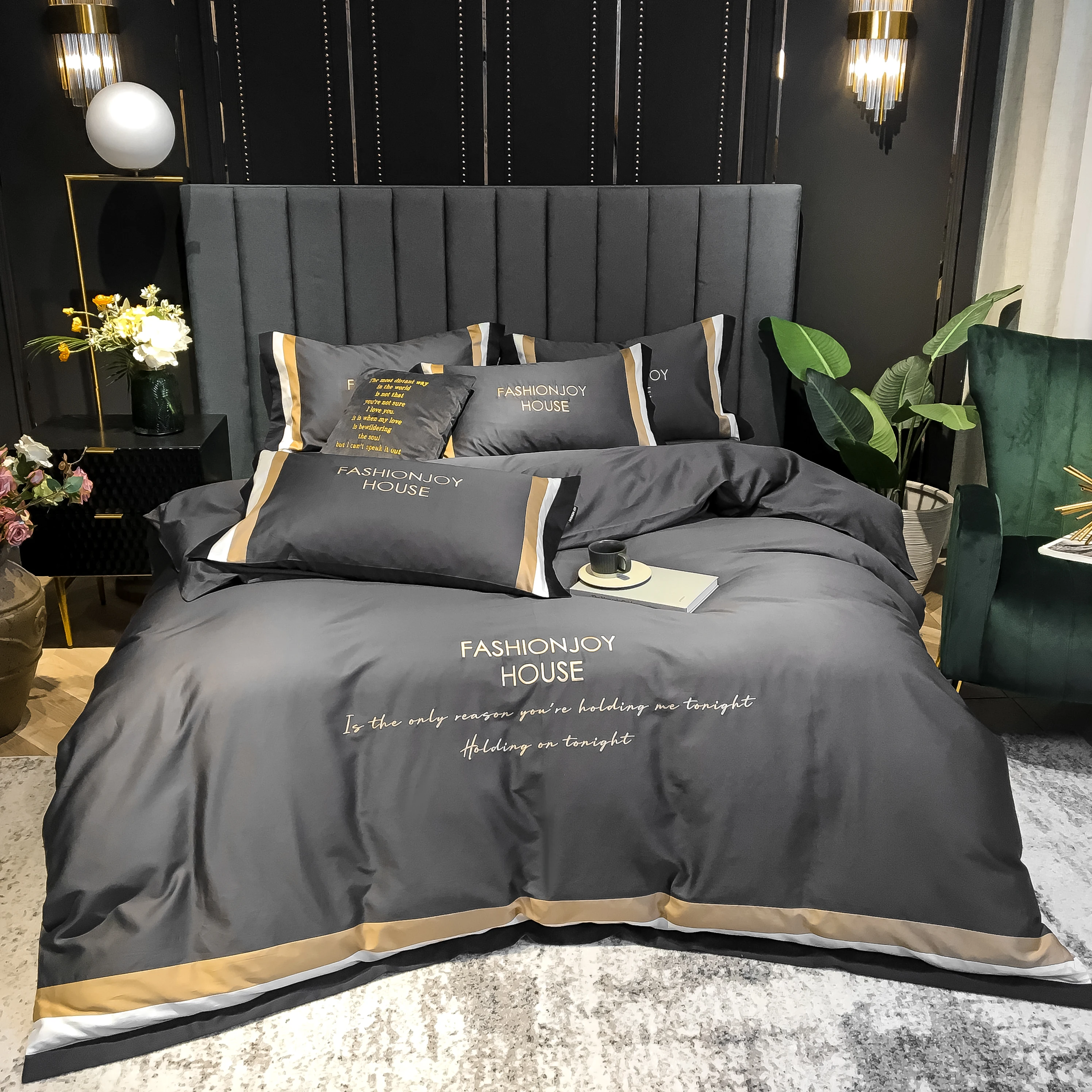 

2022 Long-staple Cotton Stitching Embroidery Plain Color Four-piece Bed Linen New Cotton Bedding Light Luxury Style Gray Color