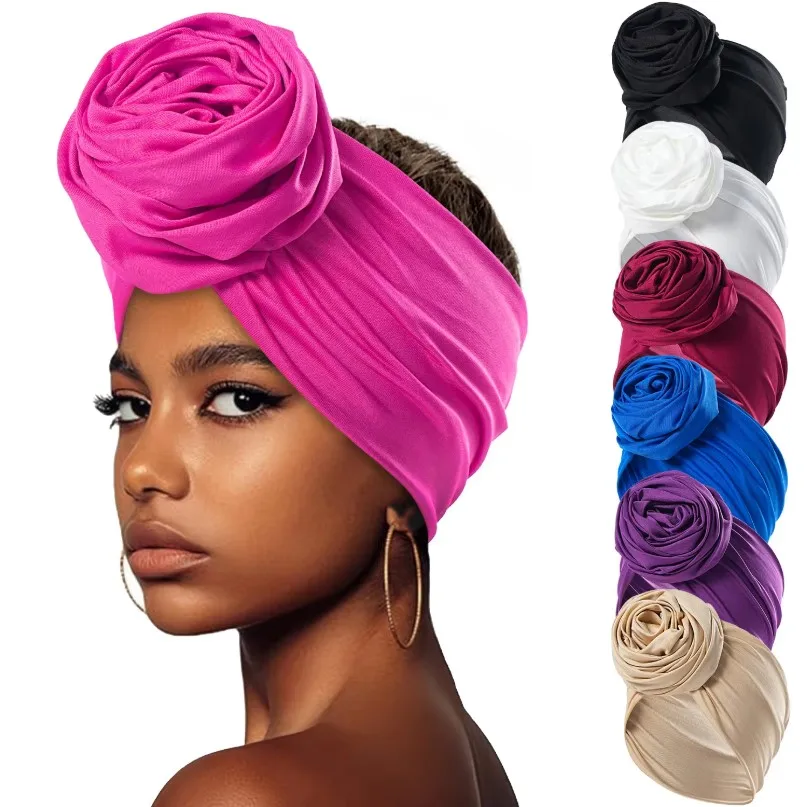 Raw Silk Big Rose Flower Hairband Breathable Lightweight African Women Turban Wrap Elastic Boho Flower Bandana Party Headgear