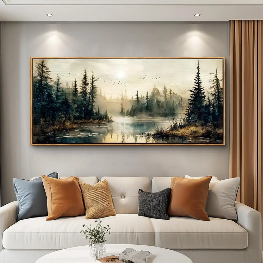 32x72 Inch Modern Forest River Landscape Framed Canvas Wall Art With Wood Frame Farmhouse Decor Paintings For Living Room Bedroom Office Indoor Home Gallery Wall Decor