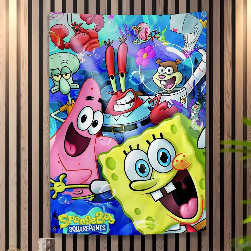 S-Sponge B-Bob Anime Creative Pattern Hanging Flag Polyester Printed Banner Hand Pulled Flag